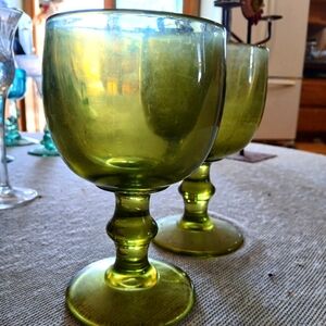Set of two heavy handmade Green Glass goblets